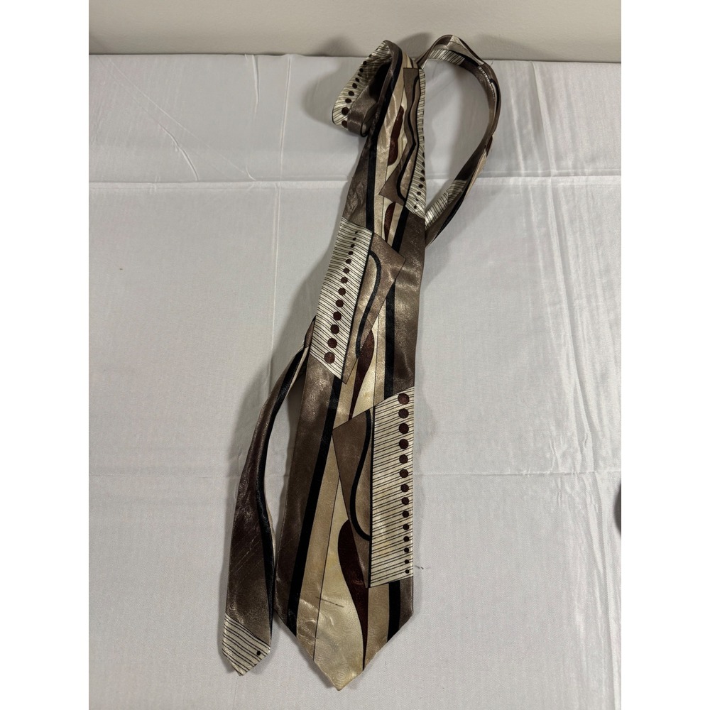 Thomas & Ashemore Mens Geometric Abstract Silk Like Microfiber Necktie Brown Tan